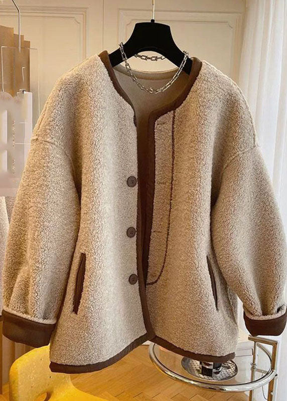 Drune | Khaki O-Hals Patchwork Knopf Kunstpelz Mäntel Winter