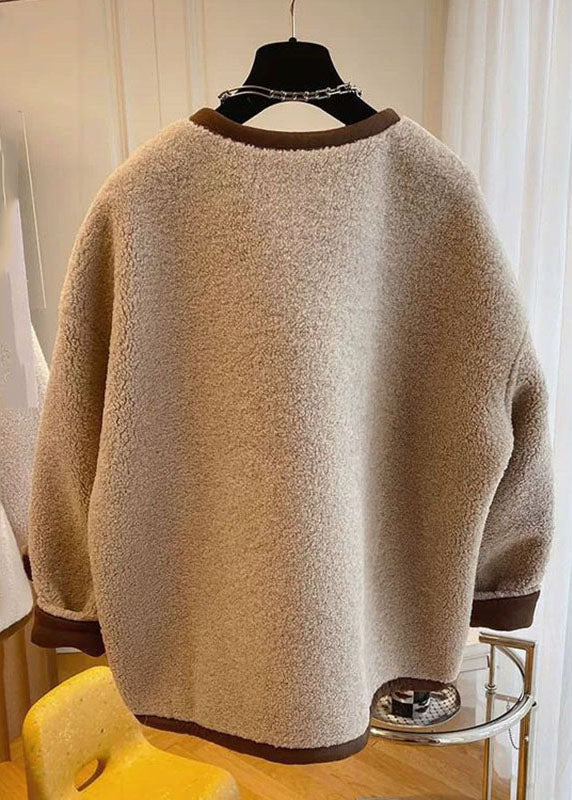 Drune | Khaki O-Hals Patchwork Knopf Kunstpelz Mäntel Winter