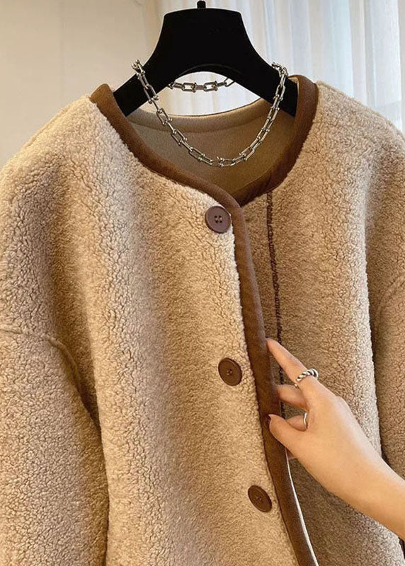 Drune | Khaki O-Hals Patchwork Knopf Kunstpelz Mäntel Winter
