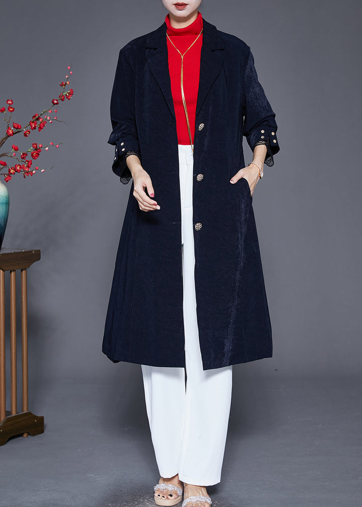 Drune | Marineblaues Revers Einreiher Slim Fit Trenchcoats