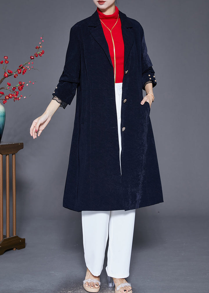 Drune | Marineblaues Revers Einreiher Slim Fit Trenchcoats