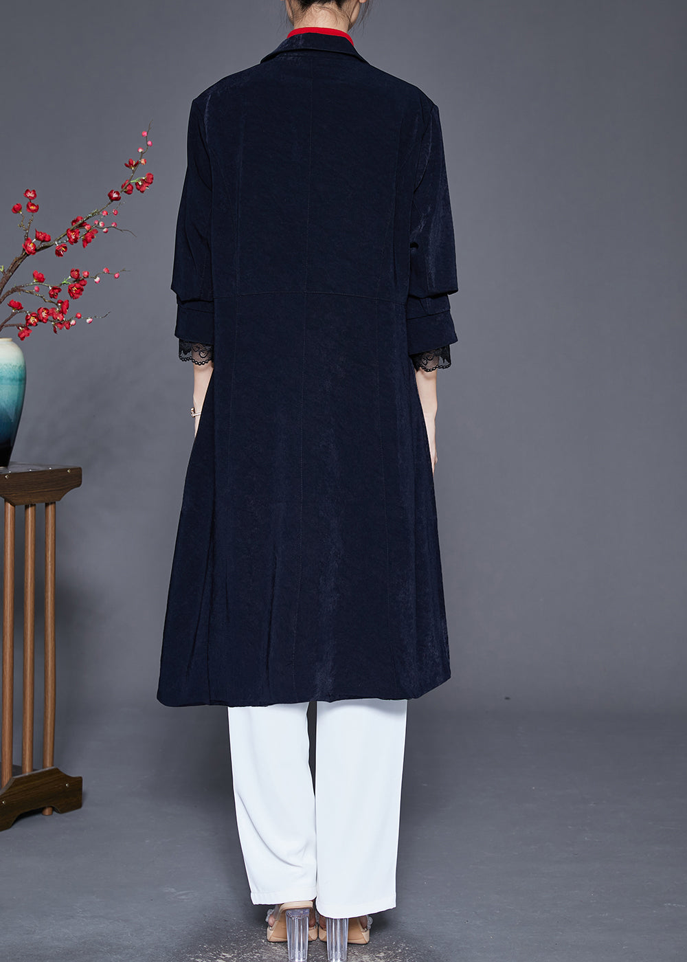 Drune | Marineblaues Revers Einreiher Slim Fit Trenchcoats