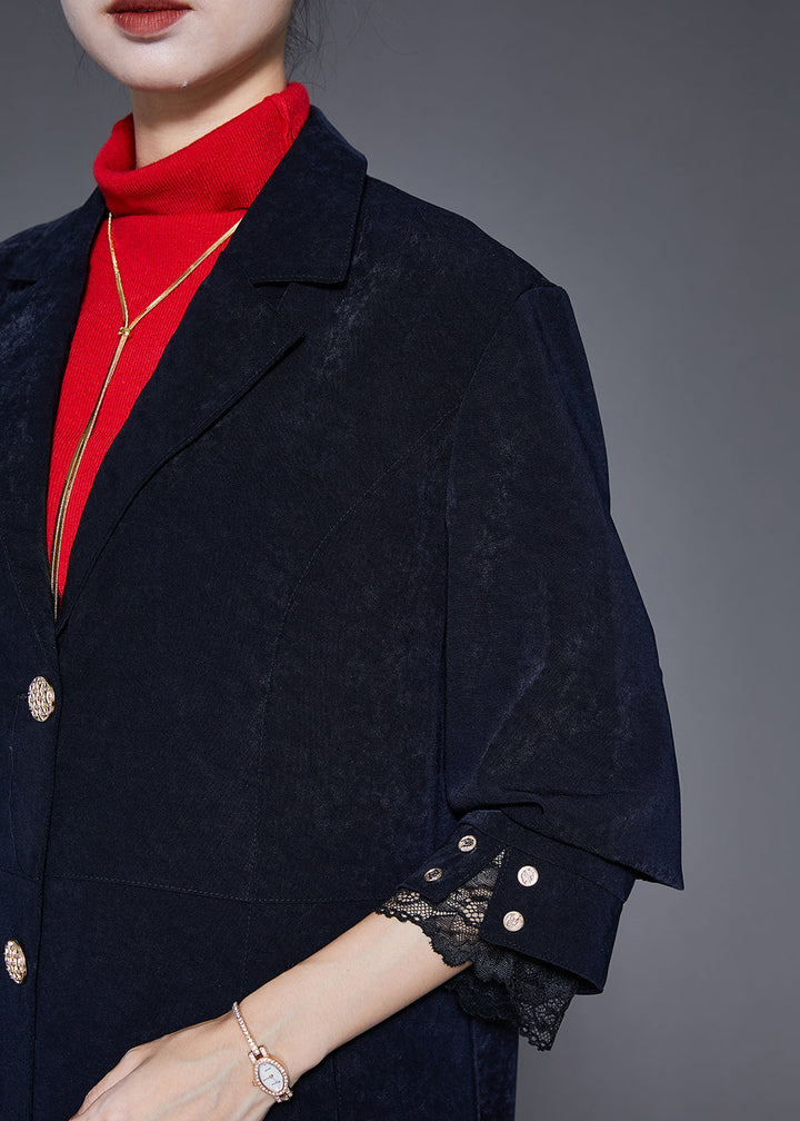 Drune | Marineblaues Revers Einreiher Slim Fit Trenchcoats