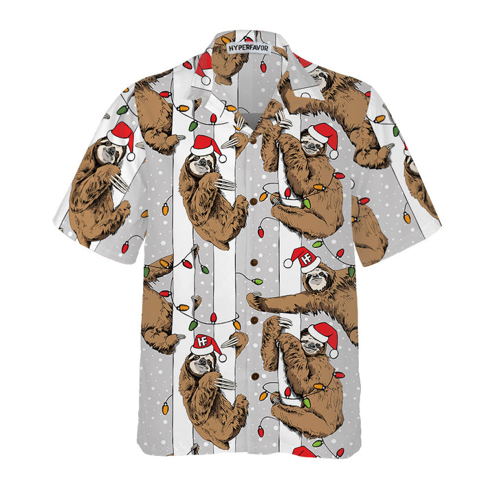 Drune | Lustiger Faultier mit Weihnachtsmannmütze Graues Weihnachts-Hawaiian Shirt, Bestes Weihnachts-Faultier Hawaiian Shirt für Faultier-Liebhaber