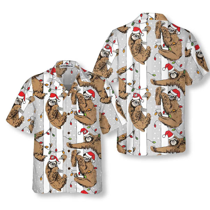 Drune | Lustiger Faultier mit Weihnachtsmannmütze Graues Weihnachts-Hawaiian Shirt, Bestes Weihnachts-Faultier Hawaiian Shirt für Faultier-Liebhaber