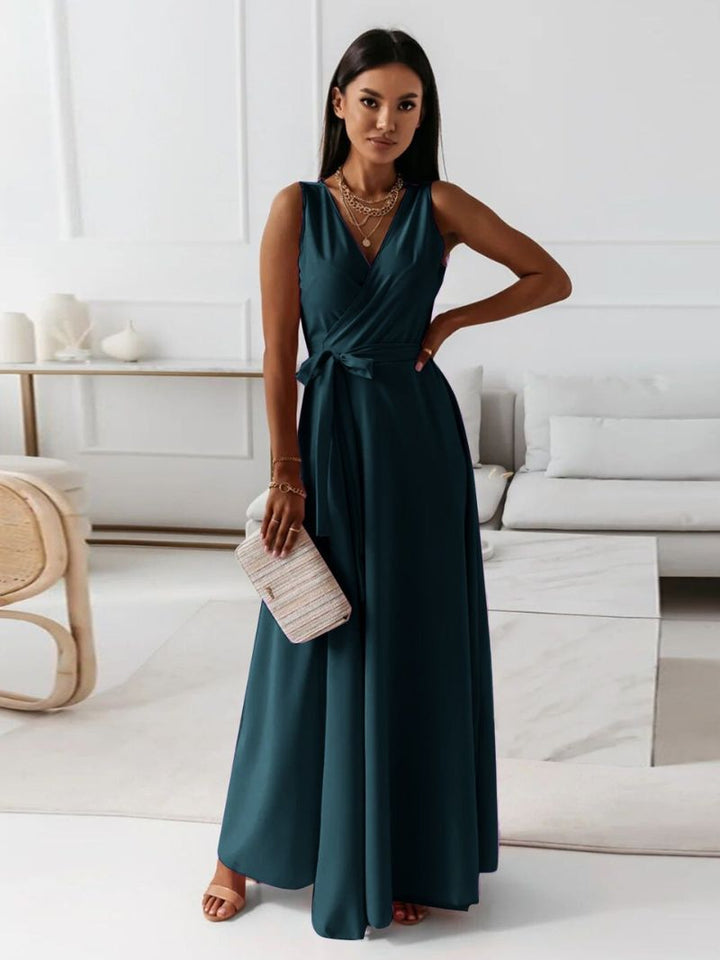 Drune | Damen Einfarbiges V-ausschnitt Langes Kleid