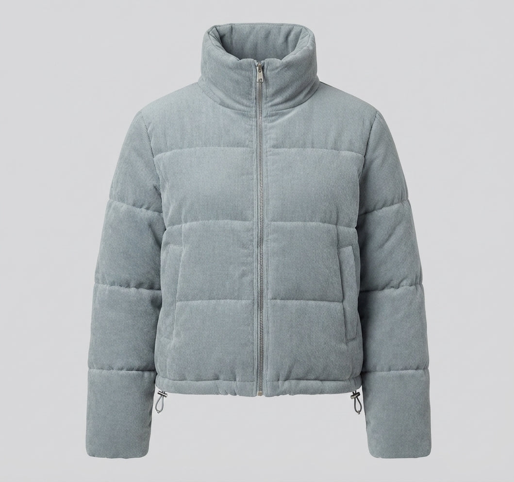 Damen kurze Cord-Puffermantel mit voluminösem Schalkragen, verdeckter Druckknopfleiste und wärmendem thermischem Futter