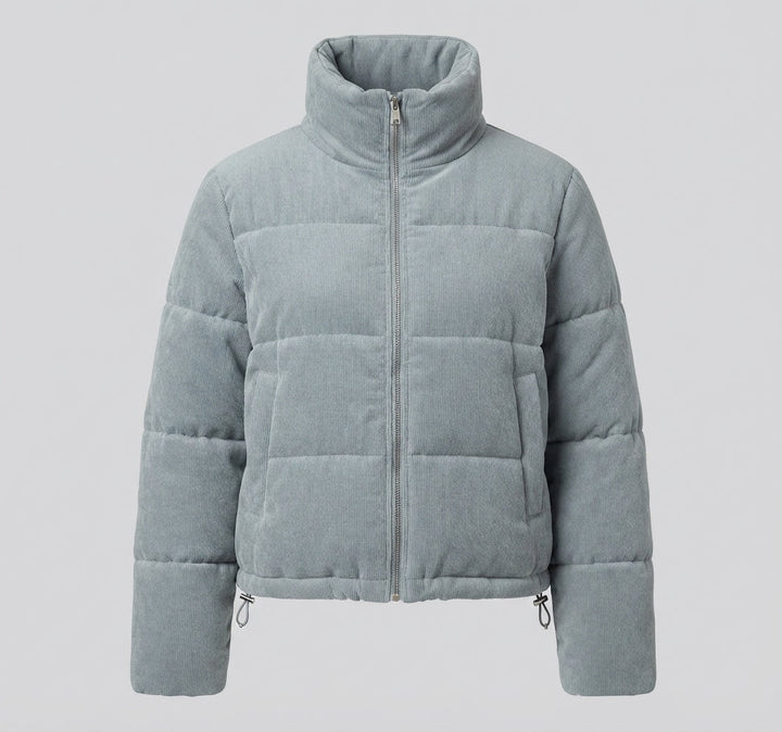 Damen kurze Cord-Puffermantel mit voluminösem Schalkragen, verdeckter Druckknopfleiste und wärmendem thermischem Futter
