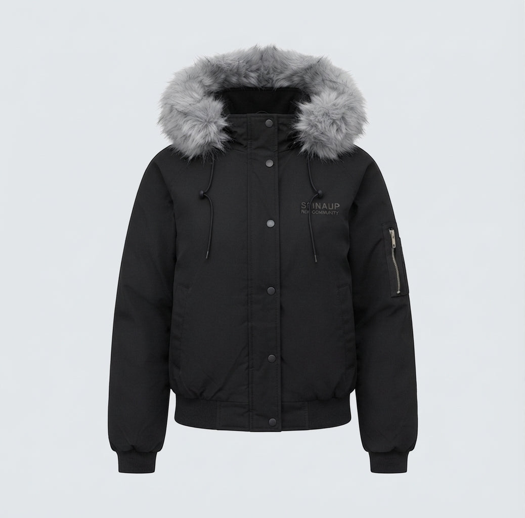 Damen kurze gesteppte Stadt-Bomberjacke mit voluminöser Kapuze, Kordelzug und winddichter thermischer Fütterung