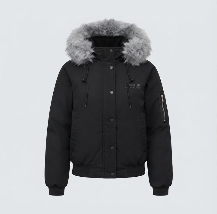 Damen kurze gesteppte Stadt-Bomberjacke mit voluminöser Kapuze, Kordelzug und winddichter thermischer Fütterung