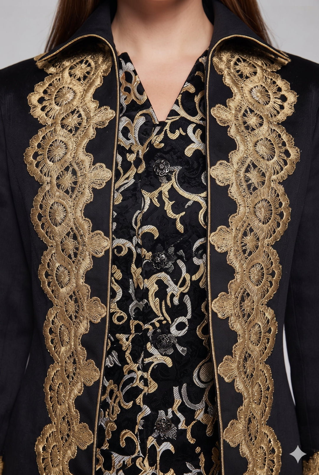 Damen elegante Frack mit feiner goldener Stickerei und asymmetrischem Saum Drune