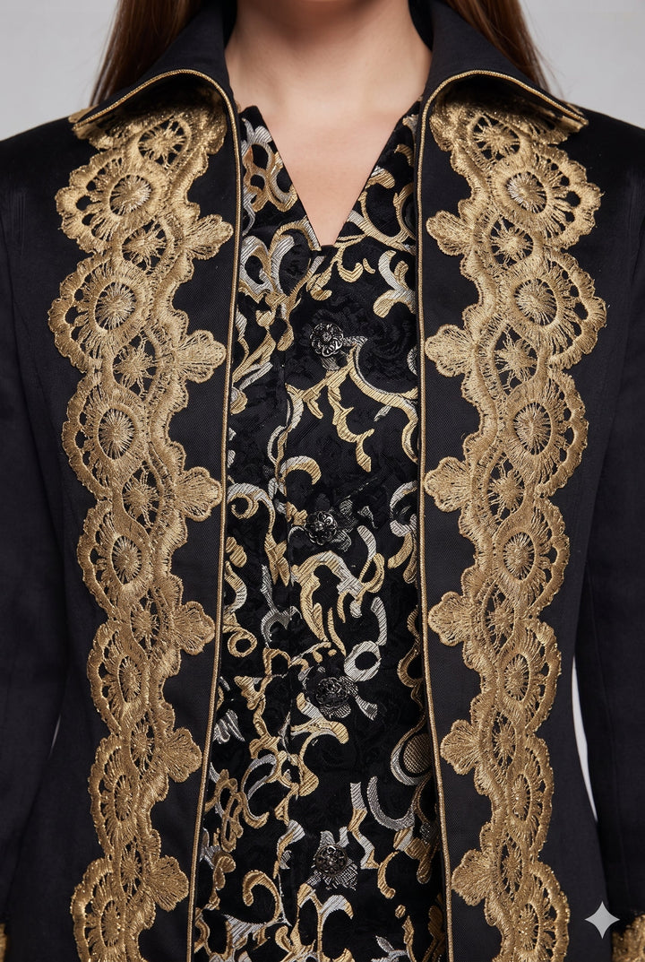Damen elegante Frack mit feiner goldener Stickerei und asymmetrischem Saum Drune