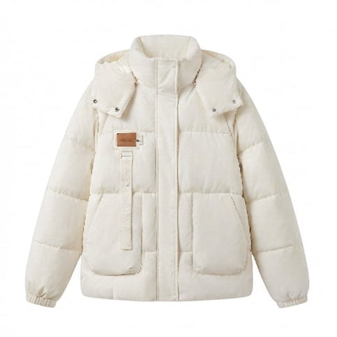 Damen kurz geschnittene oversized Winterparka mit gepolsterten Cargo-Taschen und Stehkragen mit hoher Verschlussleiste