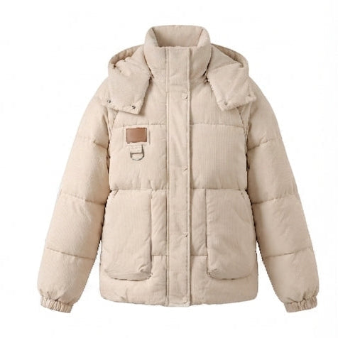 Damen kurz geschnittene oversized Winterparka mit gepolsterten Cargo-Taschen und Stehkragen mit hoher Verschlussleiste