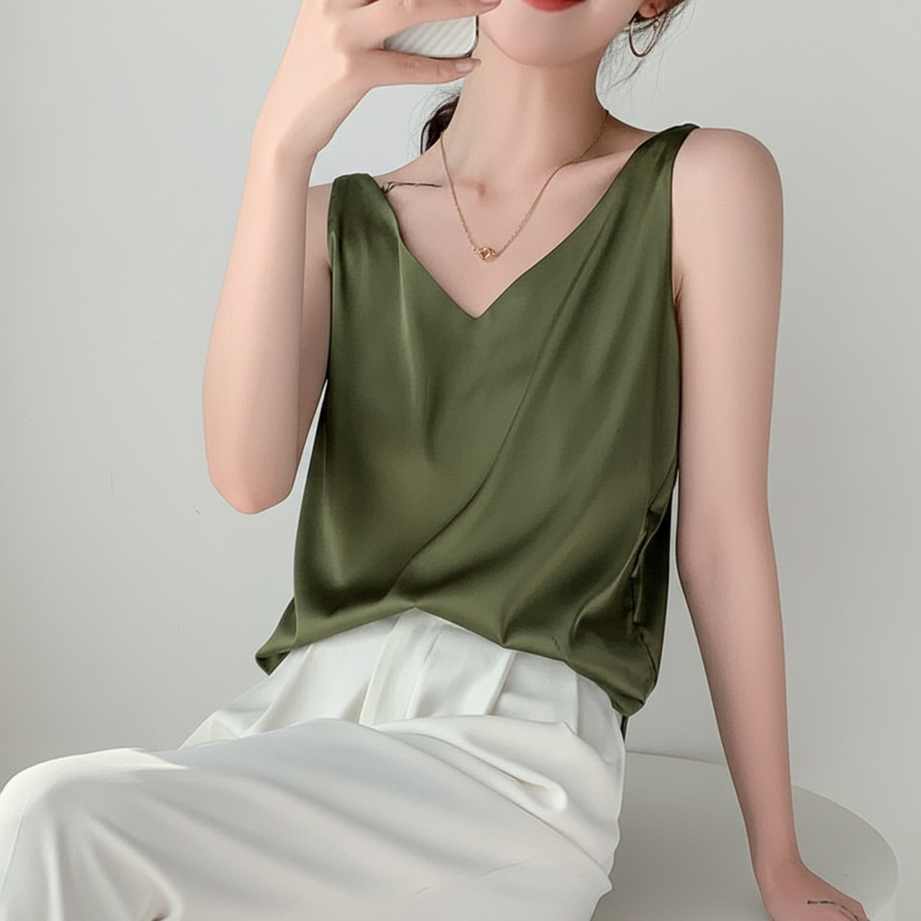 Damen Glänzendes Tanktop V-Ausschnitt Ärmellos