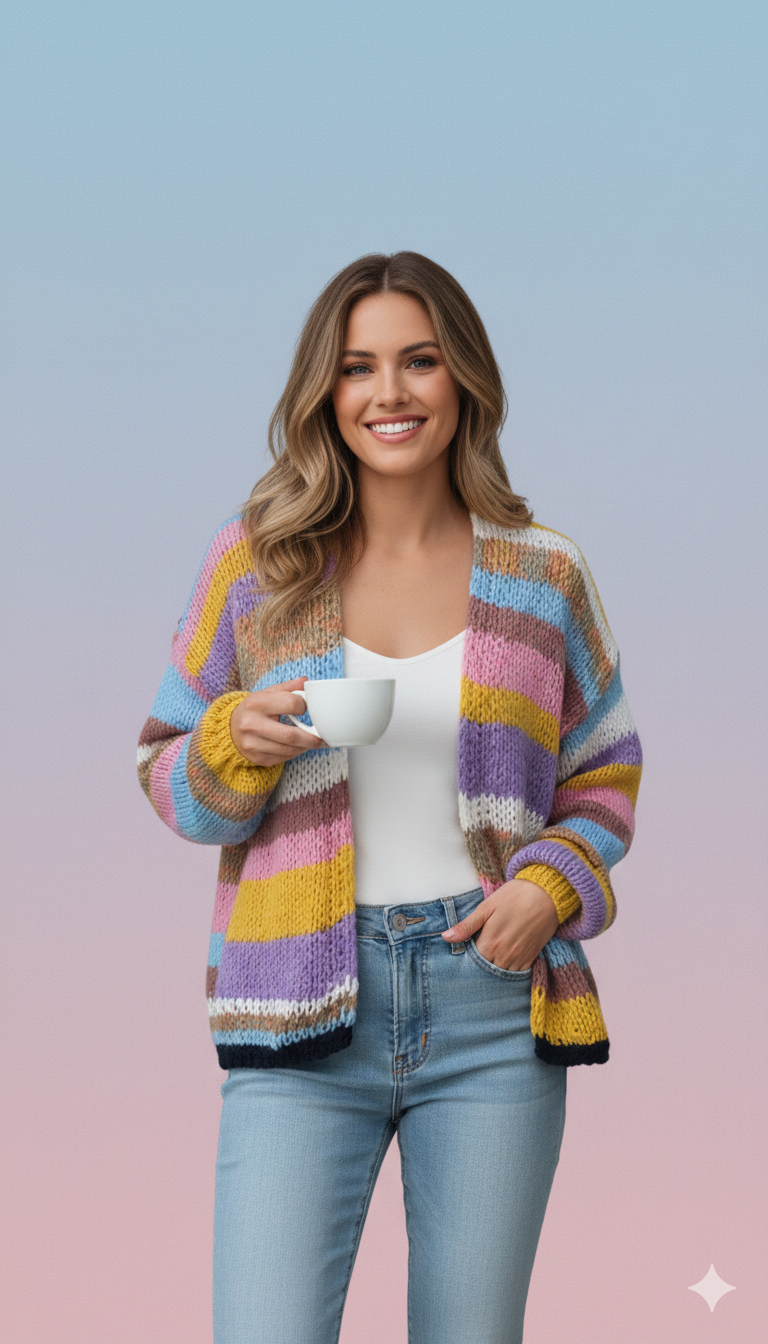 Drune | Kleid Farbenfroh Gestreifter Strickdamenpullover mit Offener Vorderseite