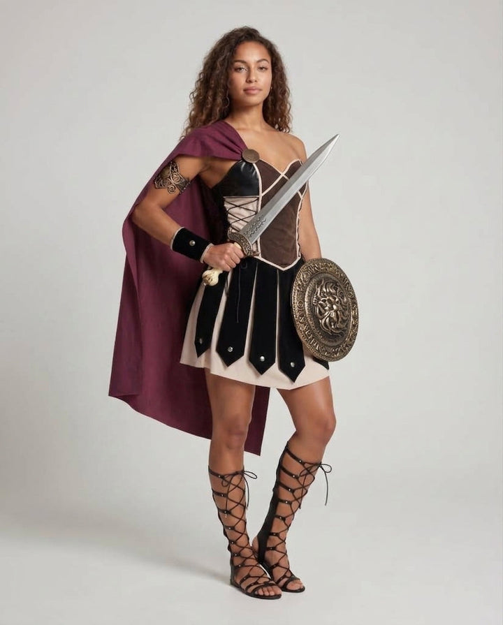 Damen Historisches Gladiatorenkostüm mit Umhang und Rüstungsdetails Drune