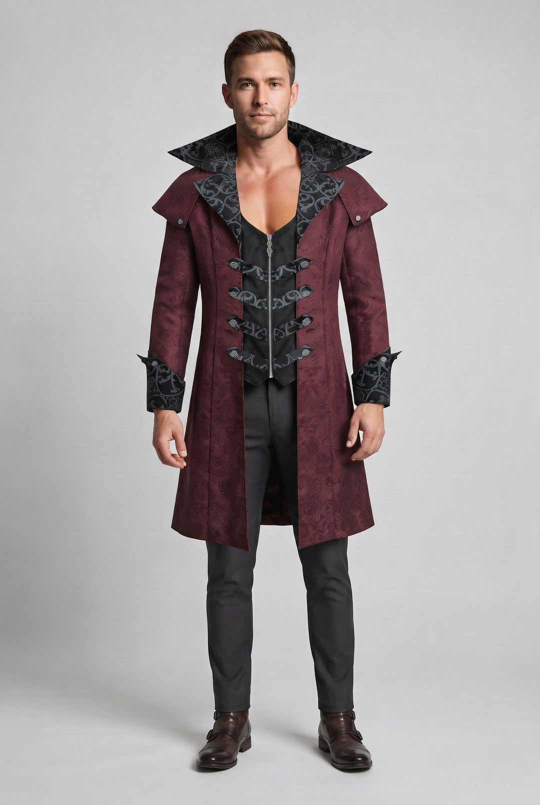 Eleganter Gothic-Mantel für Herren mit kunstvollen Verzierungen und hohem Kragen Drune