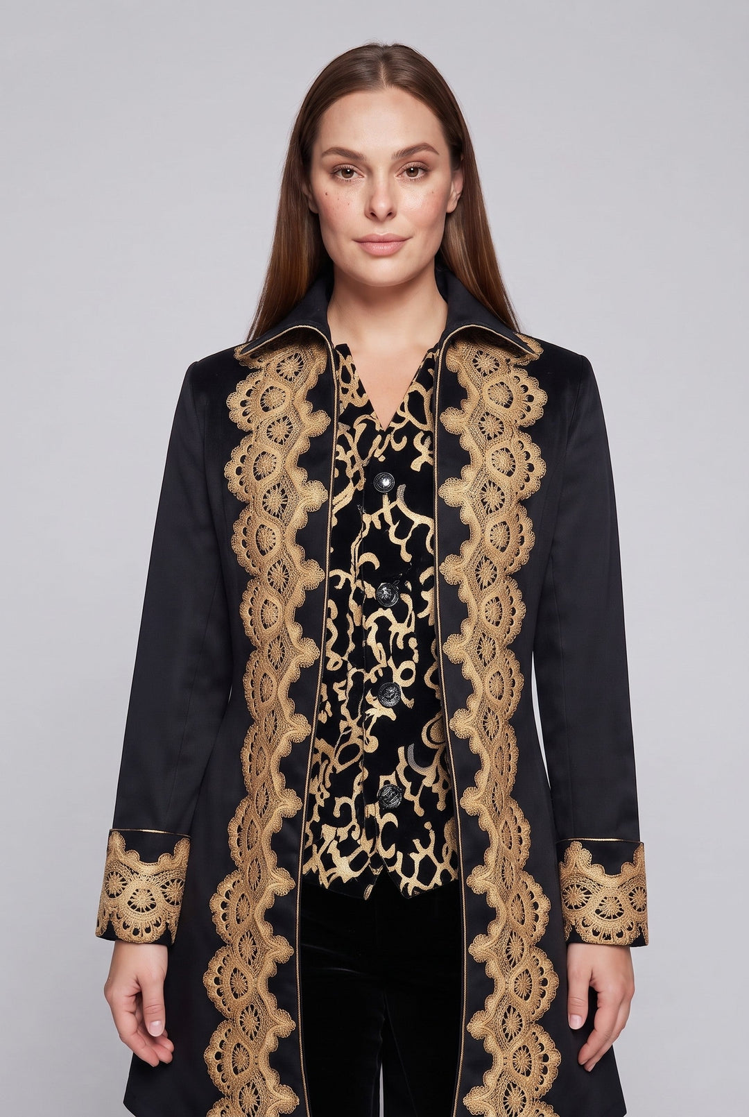 Damen elegante Frack mit feiner goldener Stickerei und asymmetrischem Saum Drune
