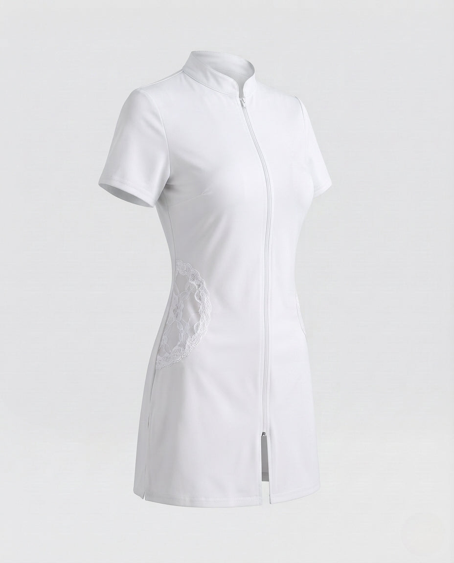 Damen sexy Krankenschwester Kostüm mit Zipper und Strumpfhalter Drune