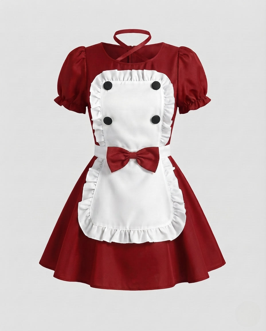 Damen Verspieltes Dienstmädchen-Kleid mit Rüschen und Satin-Schürze Drune