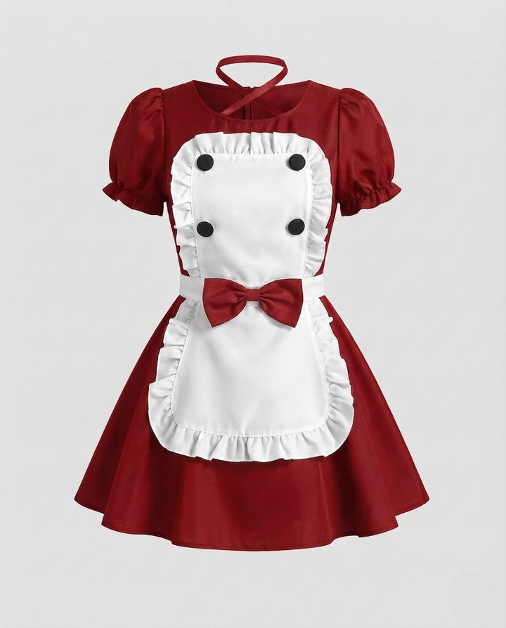 Damen Verspieltes Dienstmädchen-Kleid mit Rüschen und Satin-Schürze Drune