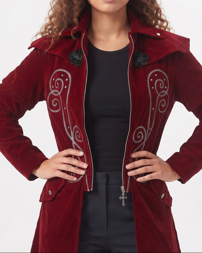 Damen Eleganter Velours-Mantel mit kunstvollen Verzierungen Drune