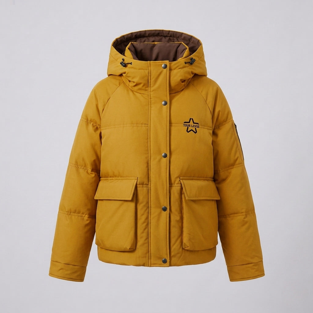 Damen Nan Boxy Pufferjacke mit verdecktem Zwe Wege Front, kontrastierendem Innenpaneel und funktionalen Klappen Taschen