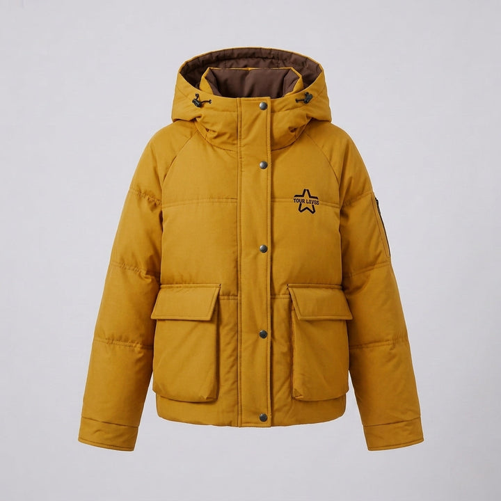 Damen Nan Boxy Pufferjacke mit verdecktem Zwe Wege Front, kontrastierendem Innenpaneel und funktionalen Klappen Taschen