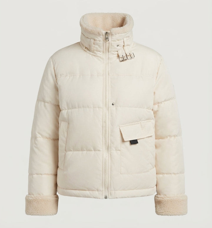 Damen kurze gepolsterte Steppjacke mit Teddykragen, umschlagbaren Ärmeln und Cargo-Taschen
