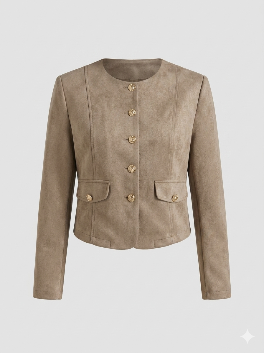 Damen Modische Wildlederjacke im lässigen Schnitt mit Knopfdetails Drune