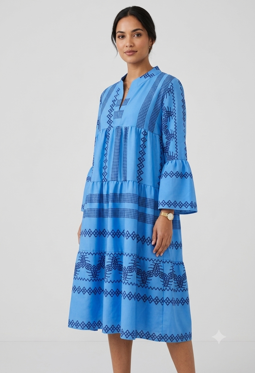 Drune | Print Kleid mit Ausgestellten Ärmeln und Stehkragen