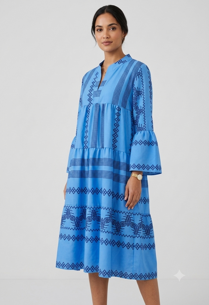 Drune | Print Kleid mit Ausgestellten Ärmeln und Stehkragen