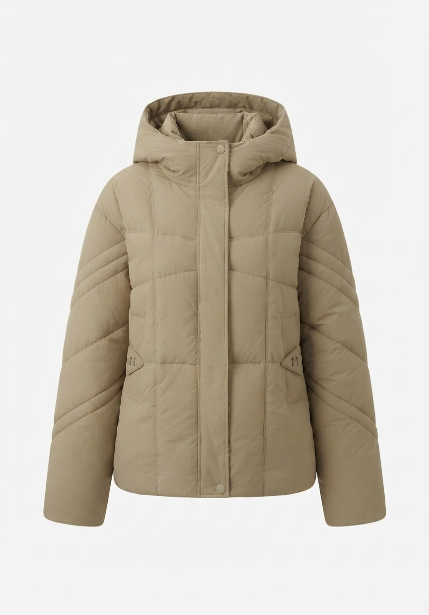 Damen kurze gep padded Steppjacke mit quadratischer Steppung, hohem Stehkragen, Kapuze und Daumenlochärmeln