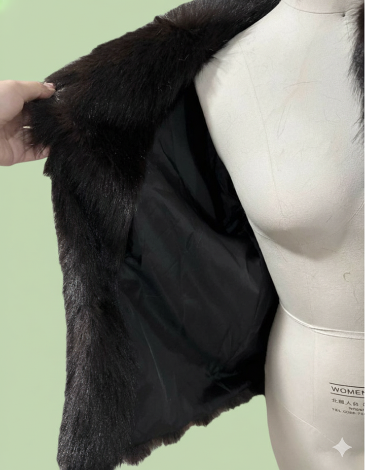 Damen Luxuriöser Kunstpelzmantel mit elegantem Schnitt und hohem Kragen Drune