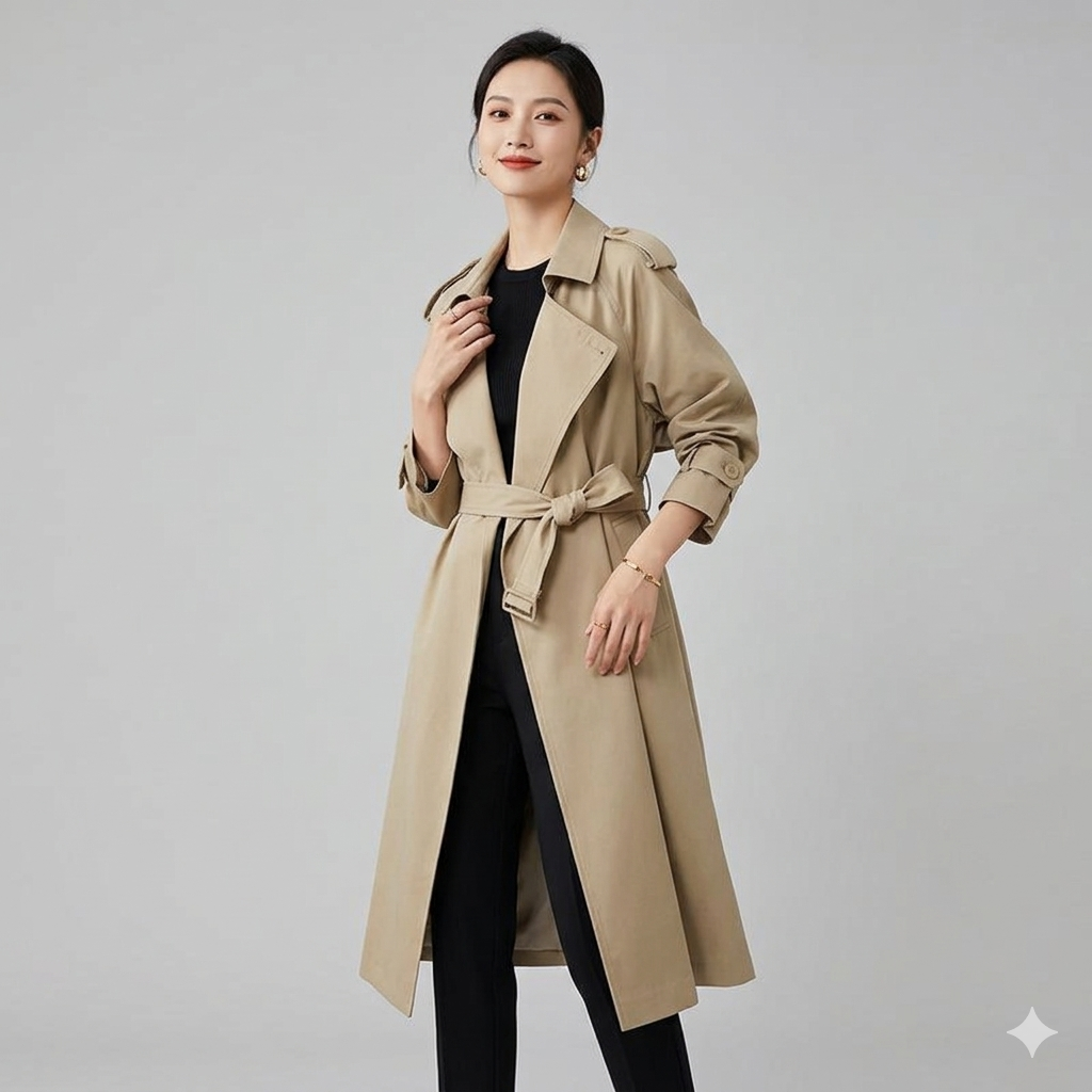 Drune | Eleganter Langer Trenchcoat Bürotasche mit Gürtel