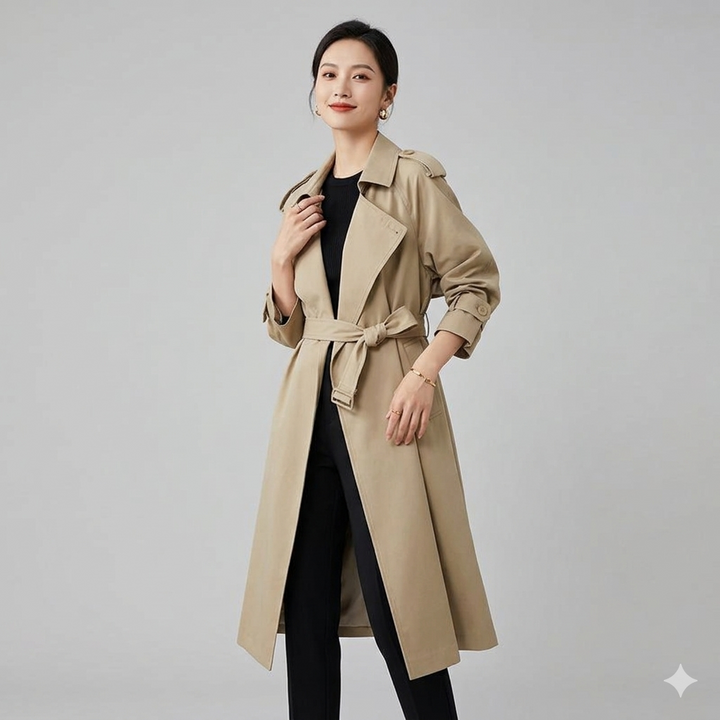 Drune | Eleganter Langer Trenchcoat Bürotasche mit Gürtel
