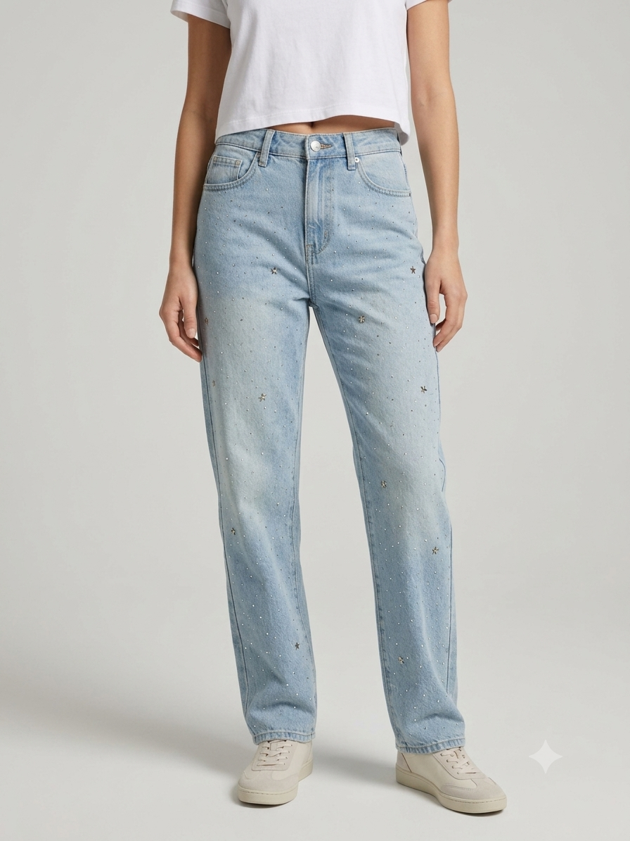 Damen Weite Jeans mit glitzernden Applikationen Drune