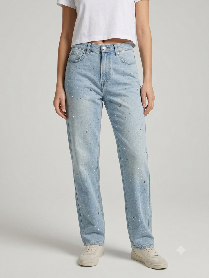 Damen Weite Jeans mit glitzernden Applikationen Drune