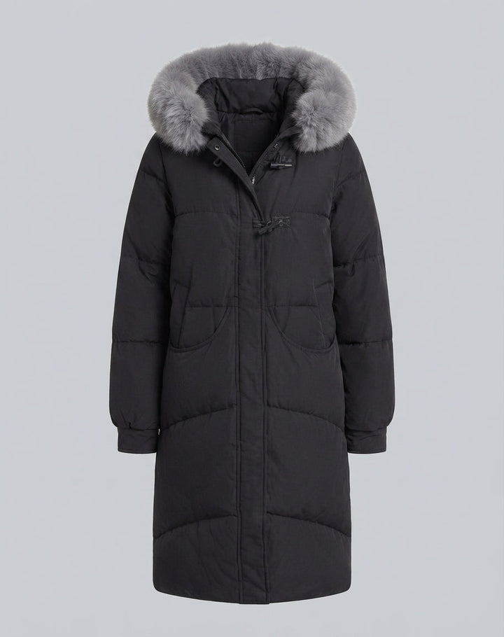 Damen extra langer oversized Puffermantel mit voluminöser Kapuze, abnehmbarer Kunstfellverzierung und lärmminderndem Außenmaterial