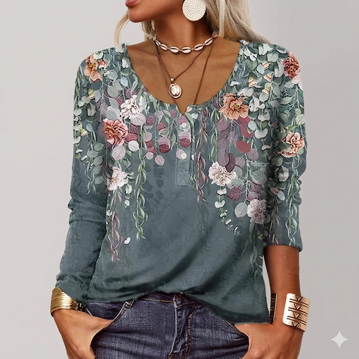 Drune | T-Shirt mit Langen Ärmeln und Blumenprint mit Rundhalsausschnitt und Langen Ärmeln