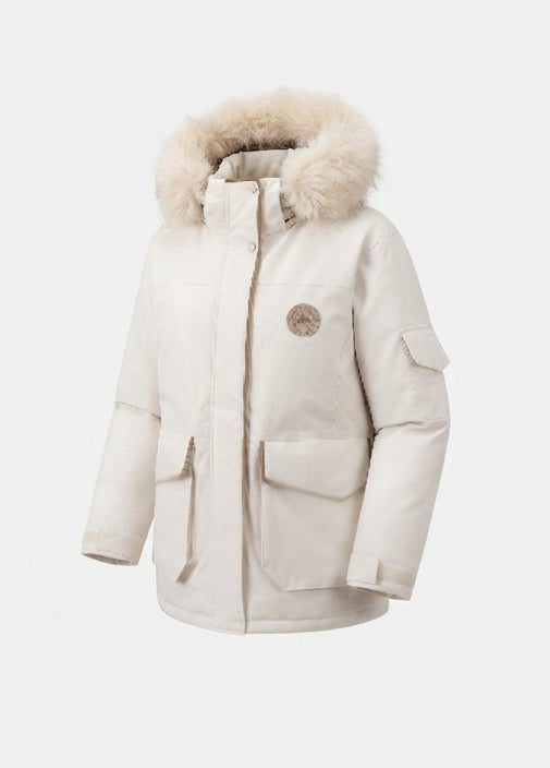 Damen gepolsterte oversized Parka mit abnehmbarem Kunstfellkapuze, großen Cargo- Klappentaschen und wärmerer Wärmeisolierung