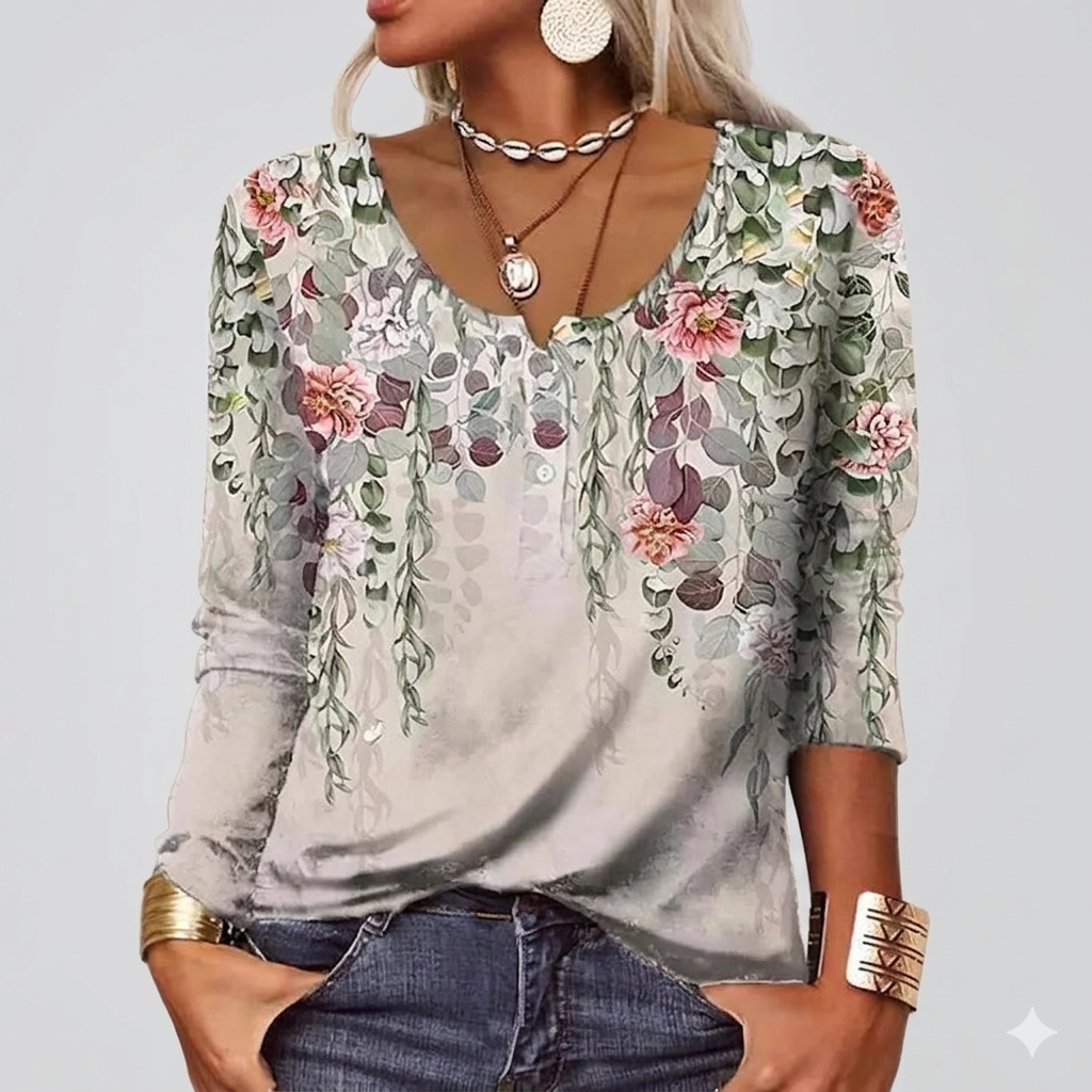 Drune | T-Shirt mit Langen Ärmeln und Blumenprint mit Rundhalsausschnitt und Langen Ärmeln