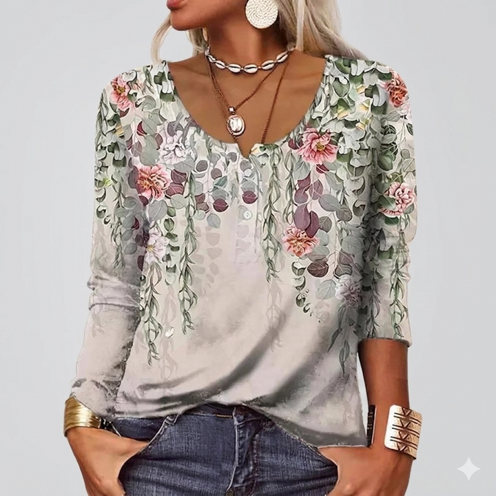 Drune | T-Shirt mit Langen Ärmeln und Blumenprint mit Rundhalsausschnitt und Langen Ärmeln