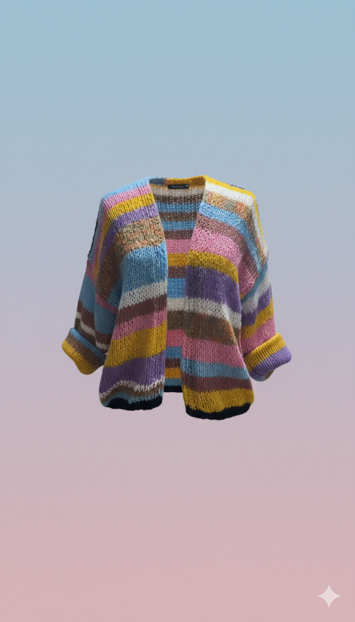 Drune | Kleid Farbenfroh Gestreifter Strickdamenpullover mit Offener Vorderseite