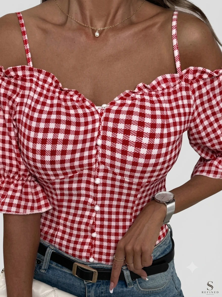 Damen Off-Shoulder Bluse mit Rüschendetails und Karomuster Drune