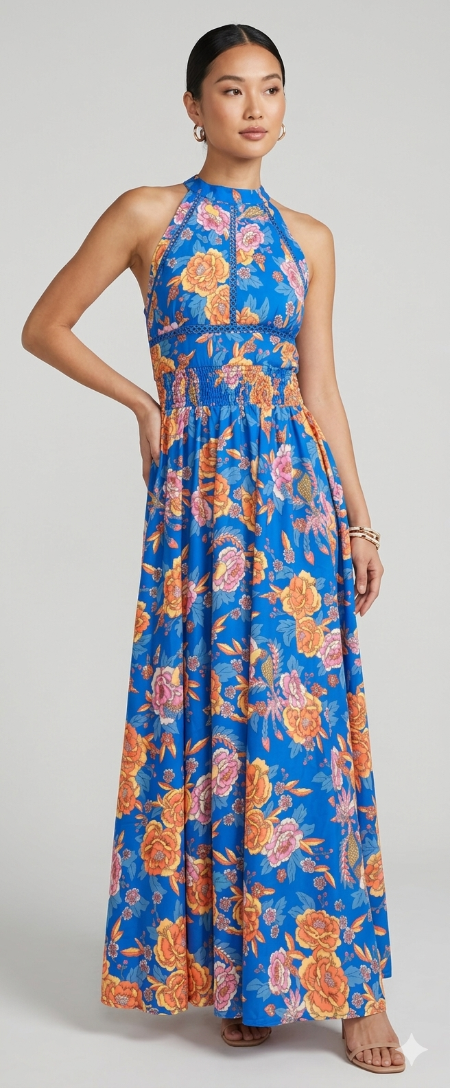 Damen Elegantes Maxikleid mit floralen Akzenten und Racerback Drune