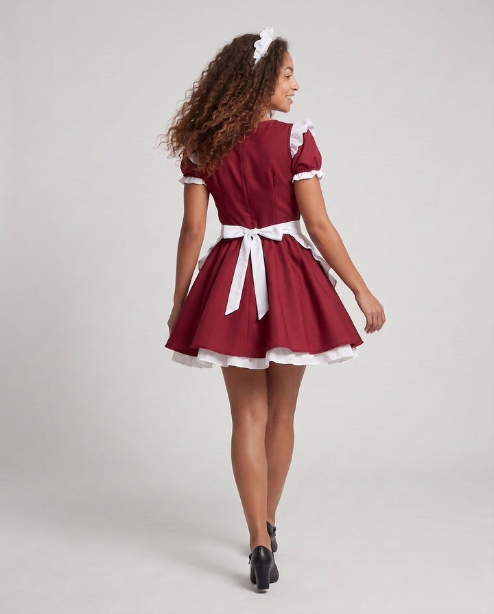 Damen Vintage-Servierkleid mit Rüschen und Haube Drune