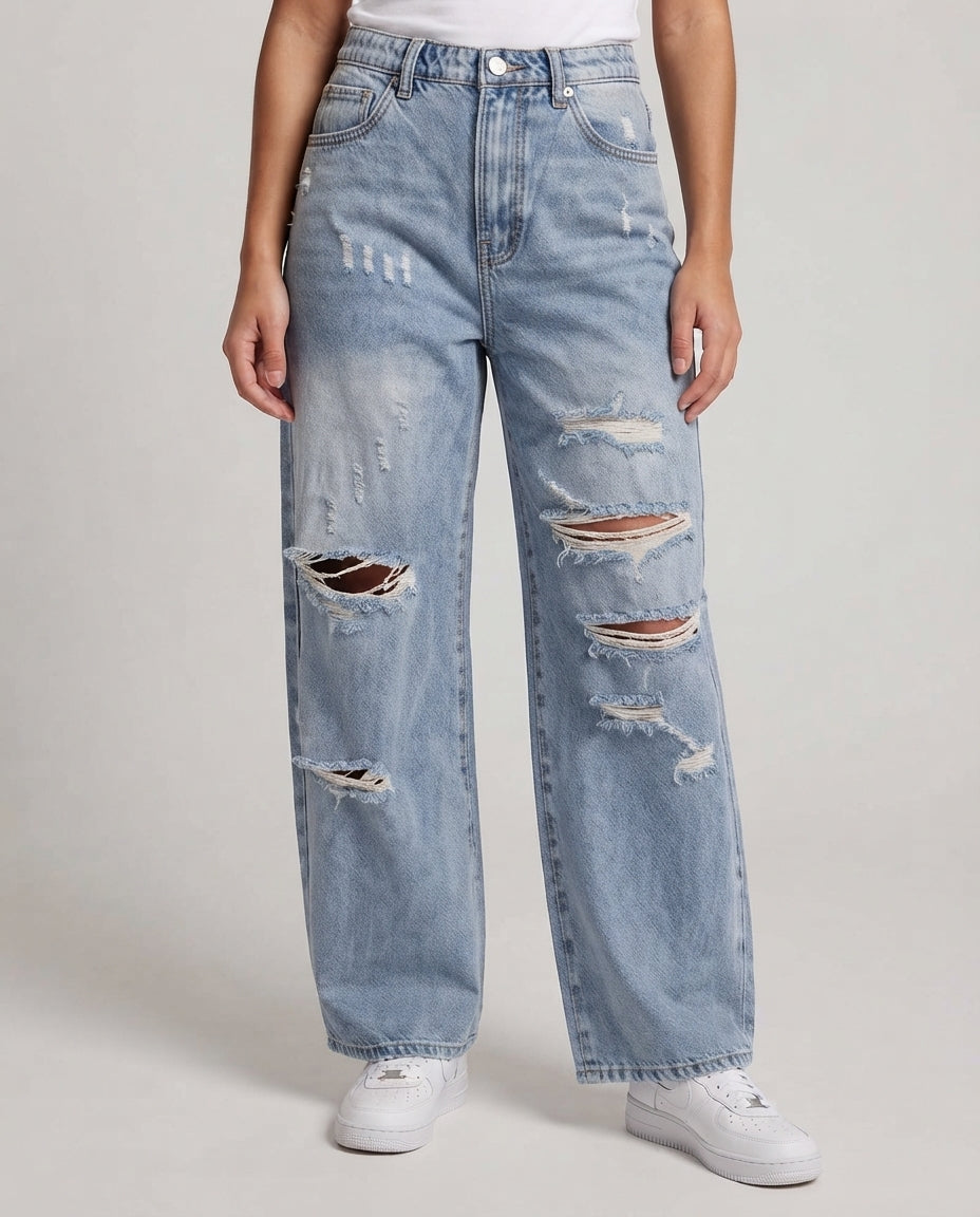 Damenweite zerstörte Baggy-Jeans mit elastischem Bund drune