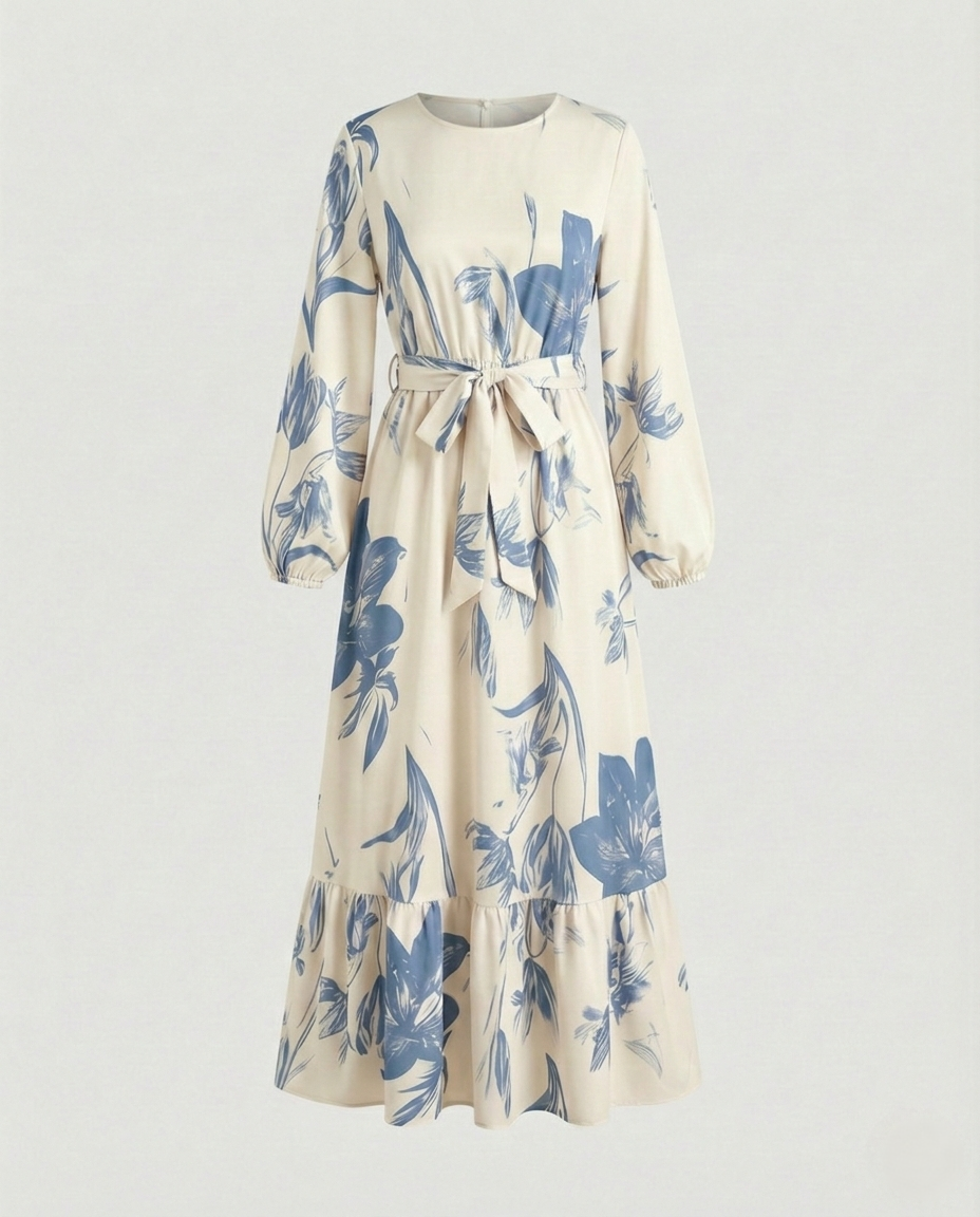 Damen Maxikleid mit Taillengürtel und Stufenrock